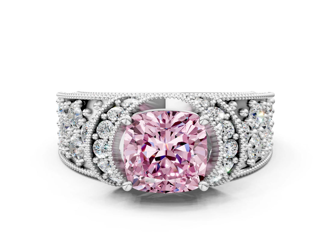 White gold Fancy Pink Cushion  Halo Pave Diamond Engagement Ring with Milgrain Detailing_48