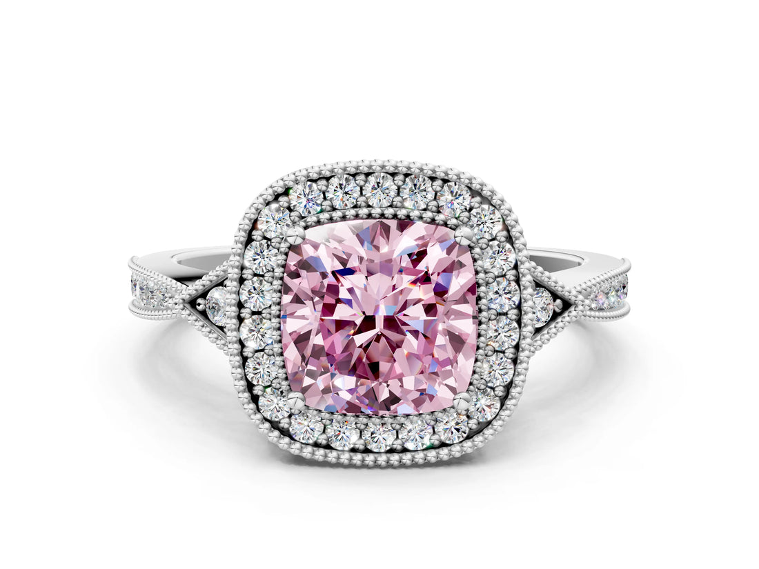 White gold Fancy Pink Cushion  Halo Round Diamond Milgrain Pave Engagement Ring_3
