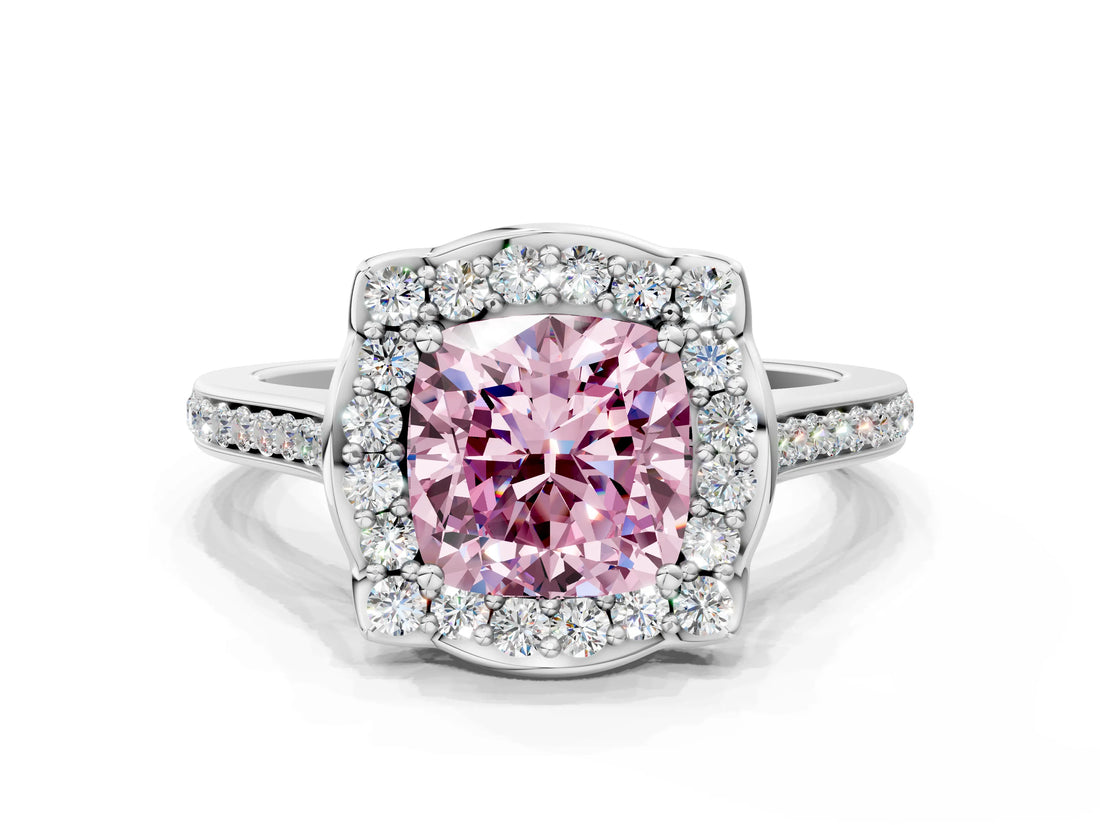 White gold Fancy Pink Cushion  Halo Round Diamond Pave Band with Four-Prong Setting_50