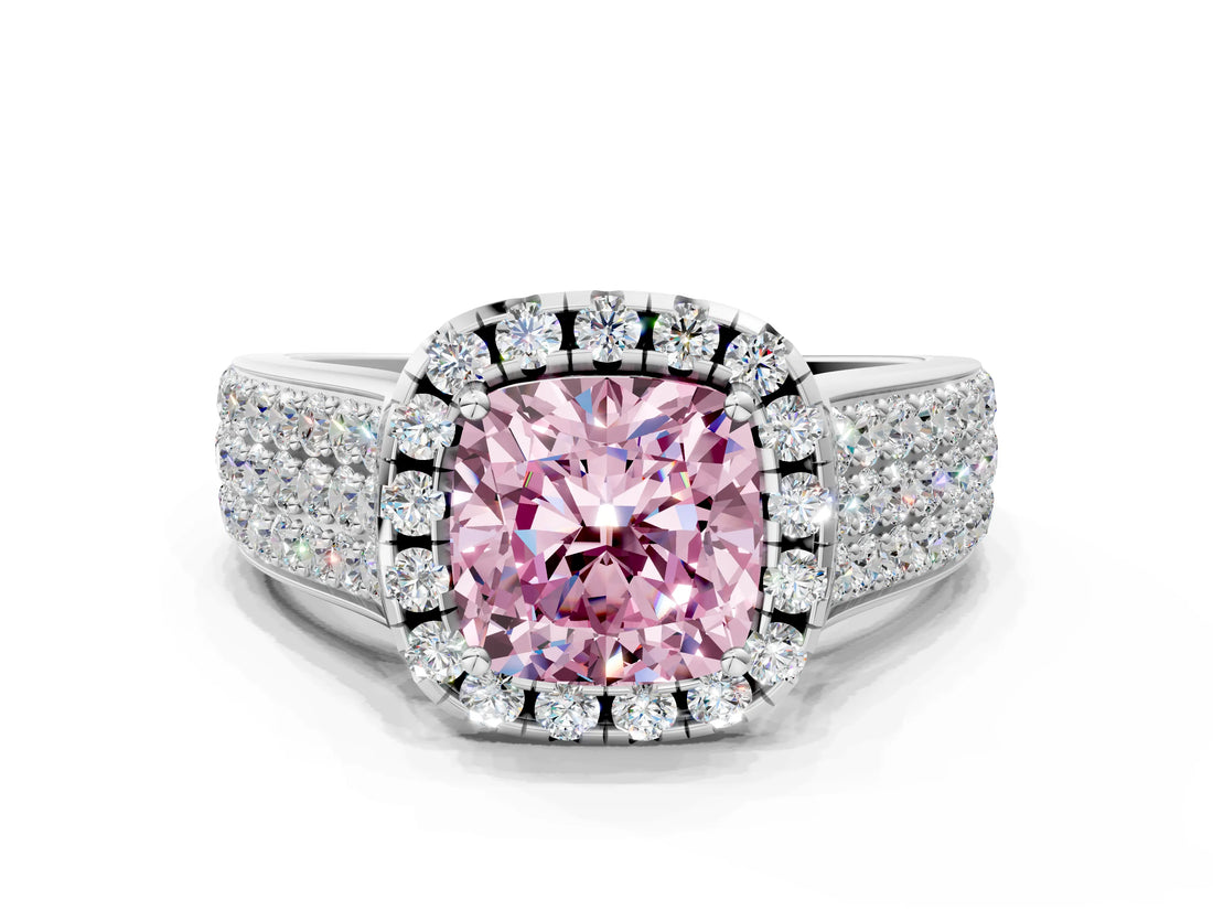 White gold Fancy Pink Cushion  Halo Round Diamond Pave Band with Prong Setting