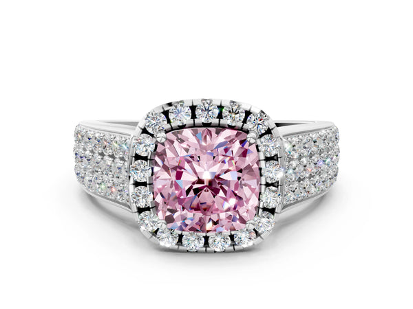 Platinum Fancy Pink Cushion  Halo Round Diamond Pave Band with Prong Setting