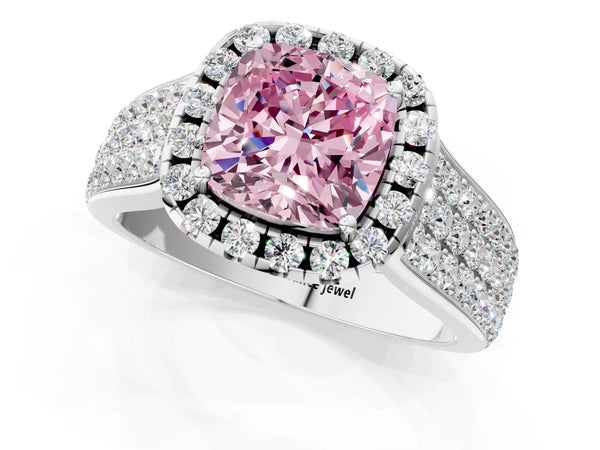 Platinum Fancy Pink Cushion  Halo Round Diamond Pave Band with Prong Setting
