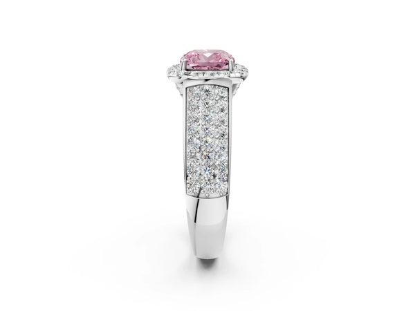 Platinum Fancy Pink Cushion  Halo Round Diamond Pave Band with Prong Setting