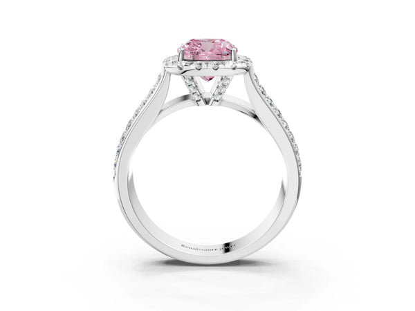Platinum Fancy Pink Cushion  Halo Round Diamond Pave Band with Prong Setting