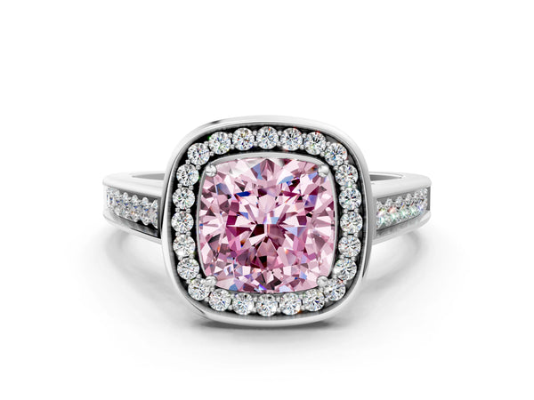 White gold Fancy Pink Cushion  Halo Solitaire Diamond Ring with Pave Band and Bezel Setting
