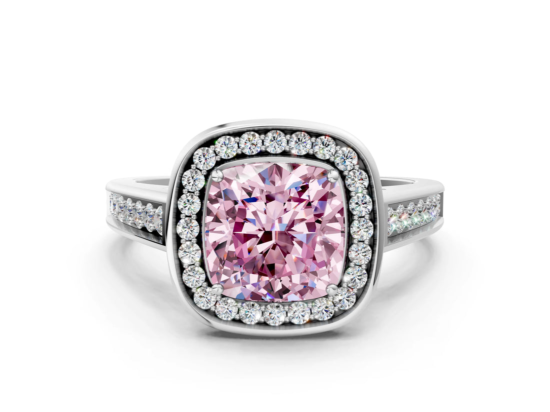 White gold Fancy Pink Cushion  Halo Solitaire Diamond Ring with Pave Band and Bezel Setting_49
