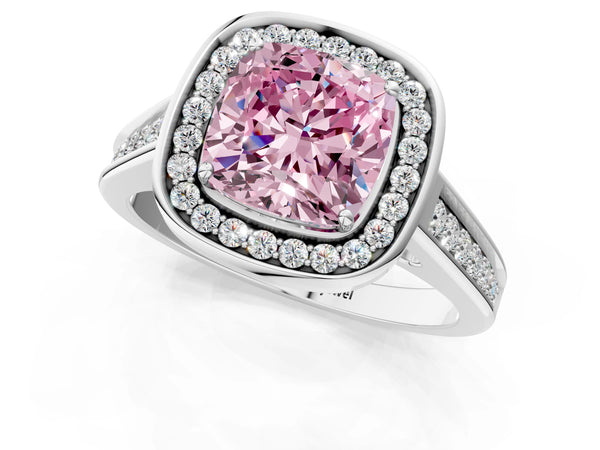 White gold Fancy Pink Cushion  Halo Solitaire Diamond Ring with Pave Band and Bezel Setting