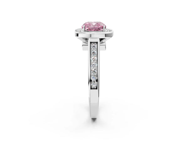White gold Fancy Pink Cushion  Halo Solitaire Diamond Ring with Pave Band and Bezel Setting