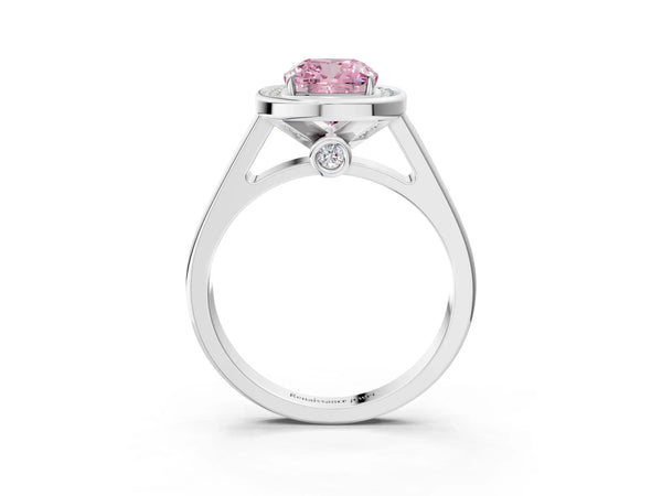 White gold Fancy Pink Cushion  Halo Solitaire Diamond Ring with Pave Band and Bezel Setting