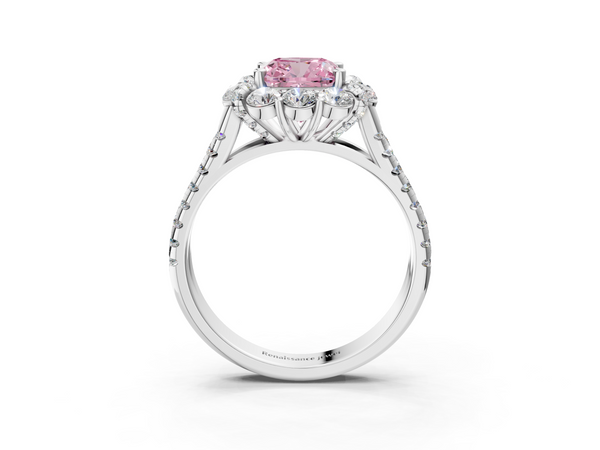 Platinum Fancy Pink Cushion  Halo Split Shank Diamond Engagement Ring with Pave Band and Four-Prong Setting