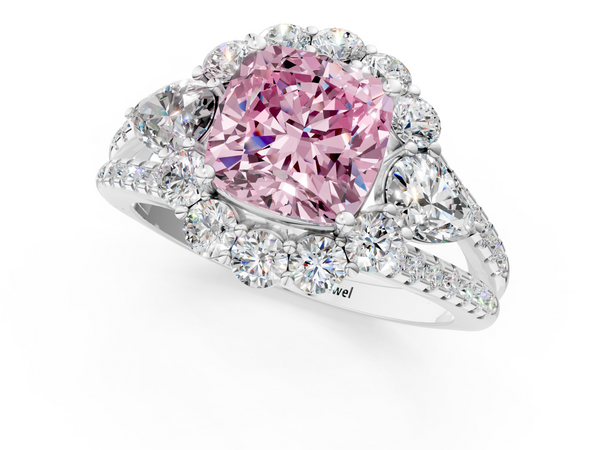 White Gold Cushion Cut Halo Pear Side Stone Engagement Ring Setting for Fancy Pink Center