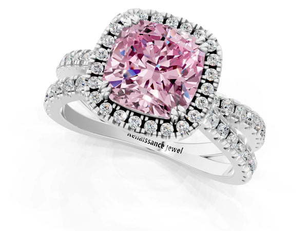 Platinum Fancy Pink Cushion  Halo Split Shank Diamond Ring with Pavé Setting