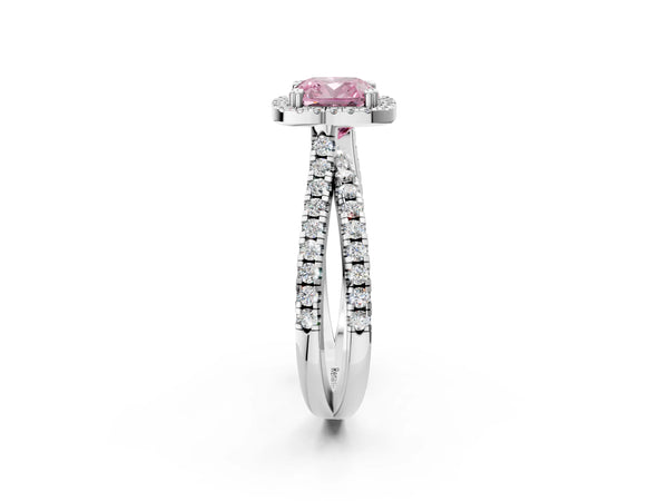 Platinum Fancy Pink Cushion  Halo Split Shank Diamond Ring with Pavé Setting