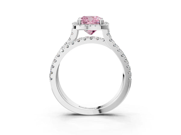 Platinum Fancy Pink Cushion  Halo Split Shank Diamond Ring with Pavé Setting