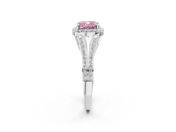Platinum Cushion Cut Halo Engagement Ring Setting for Fancy Pink Center with V-Split Pave Band
