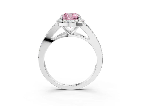 Platinum Cushion Cut Halo Engagement Ring Setting for Fancy Pink Center with V-Split Pave Band