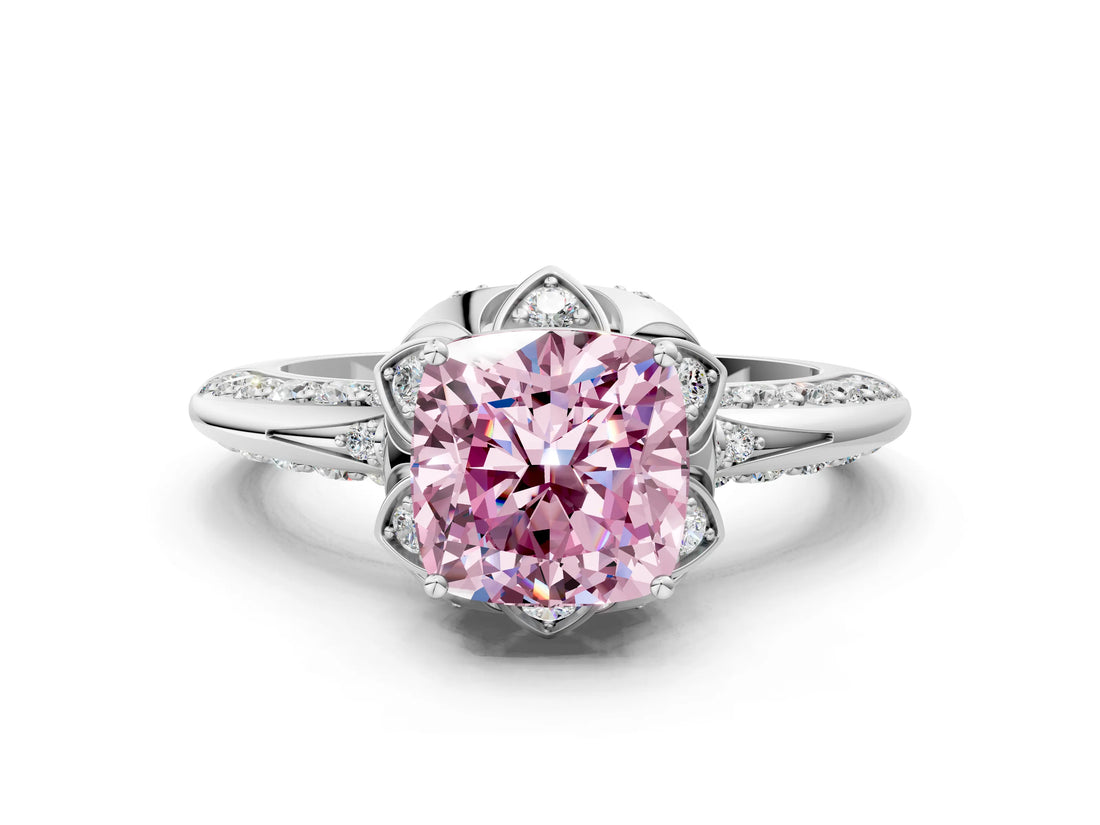 White gold Fancy Pink Cushion  Halo Split Shank Pave Diamond Ring with Petal Prong Setting_67