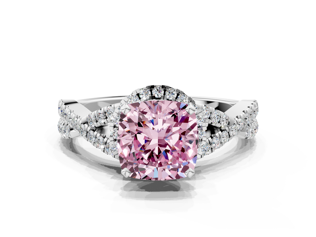 White gold Fancy Pink Cushion  Halo Twist Band Solitaire Prong Setting Ring_84