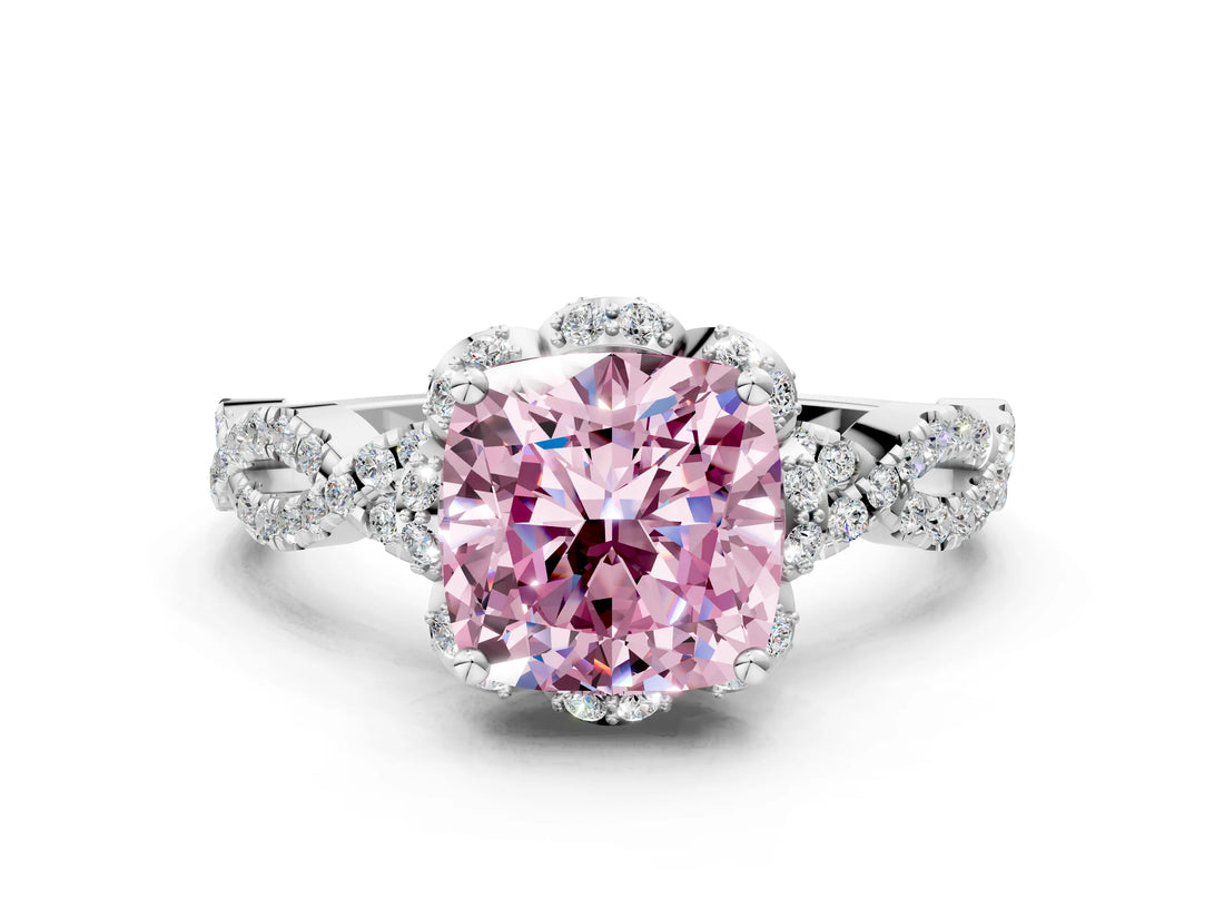 White gold Fancy Pink Cushion  Halo Twist Band Solitaire Ring with Six-Prong Setting_31