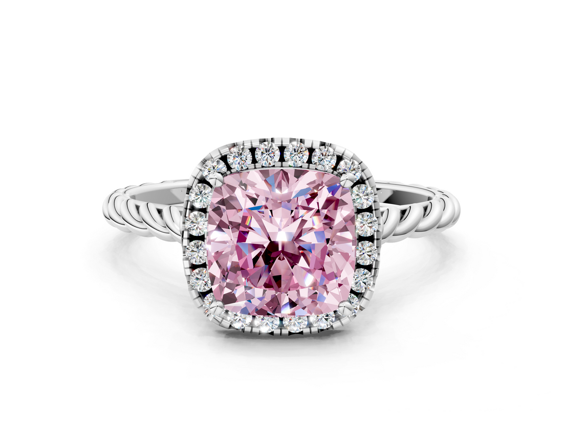 White gold Fancy Pink Cushion  Halo Twisted Band Four-Prong Diamond Ring_20