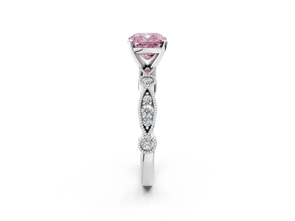 Platinum Fancy Pink Cushion  Milgrain Bezel Diamond Engagement Ring with Solitaire Prong Setting