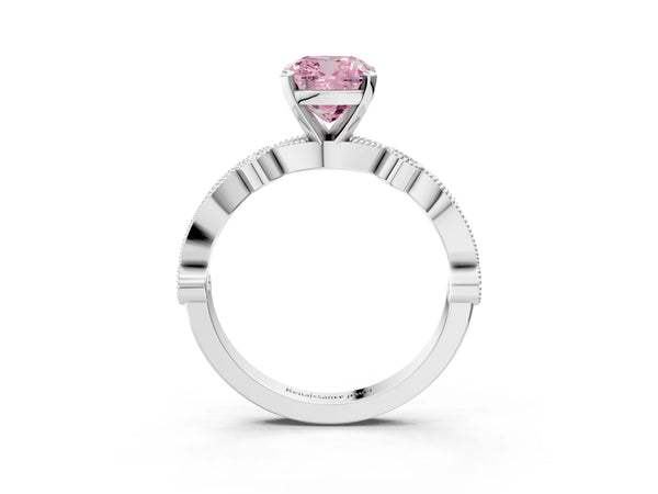 Platinum Fancy Pink Cushion  Milgrain Bezel Diamond Engagement Ring with Solitaire Prong Setting