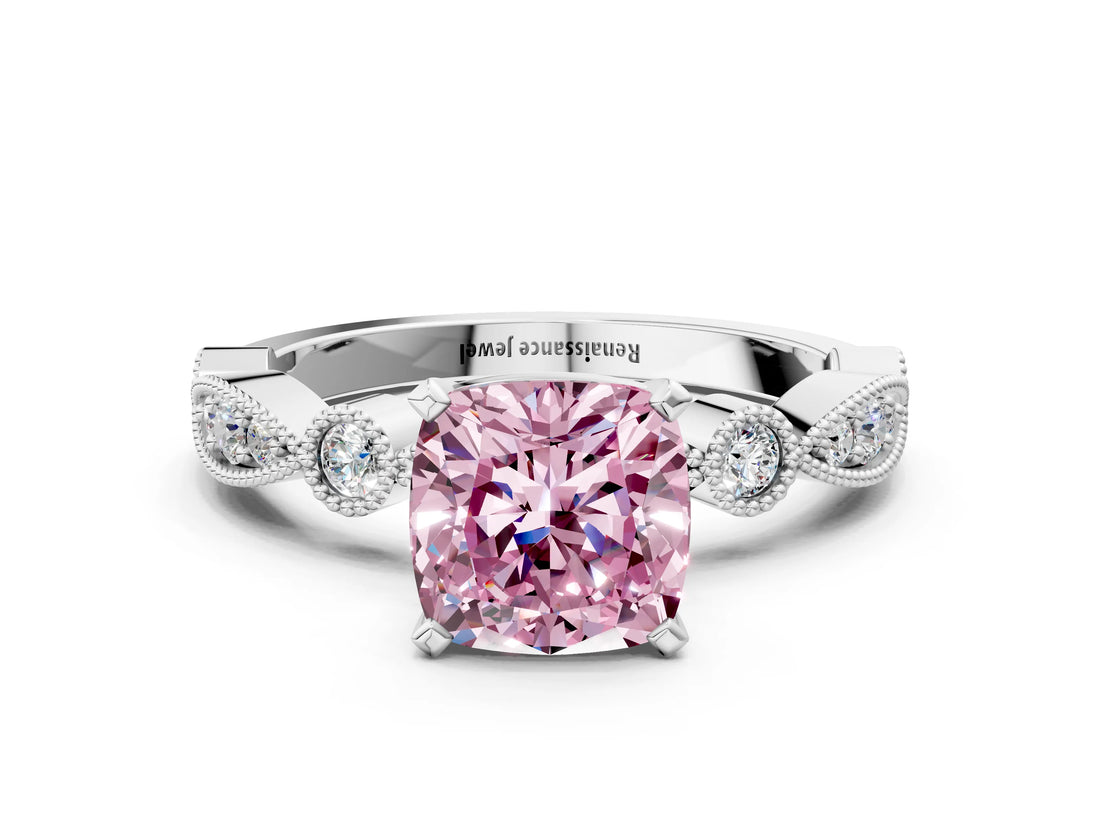 White gold Fancy Pink Cushion  Milgrain Bezel Diamond Engagement Ring with Solitaire Prong Setting_177