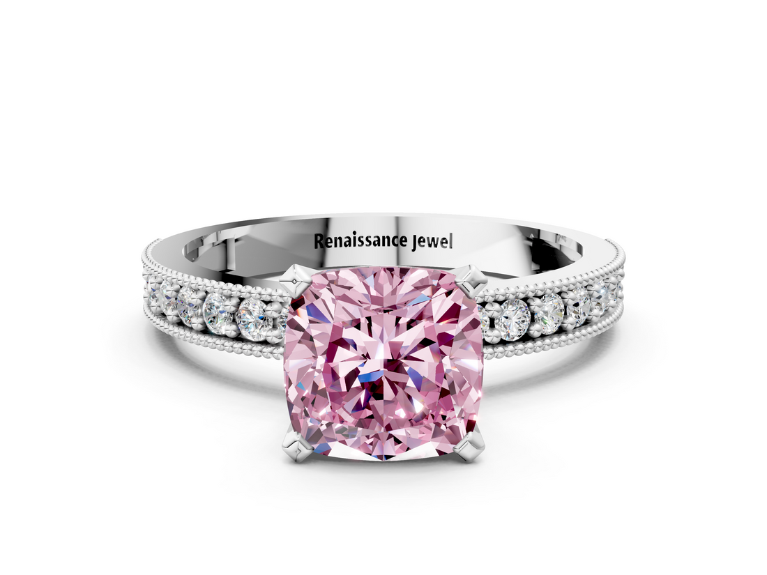 White gold Fancy Pink Cushion  Milgrain Pave Diamond Engagement Ring with Four-Prong Setting_179