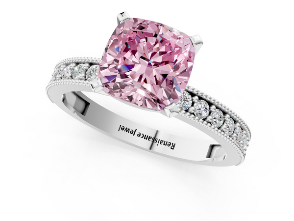 Platinum Fancy Pink Cushion Cut Diamond Milgrain Pavé Engagement Ring with Four-Prong Setting