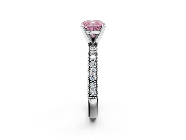 Platinum Fancy Pink Cushion Cut Diamond Milgrain Pavé Engagement Ring with Four-Prong Setting