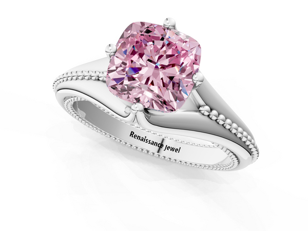 Platinum Fancy Pink Cushion  Solitaire Beaded Band Six-Prong Setting