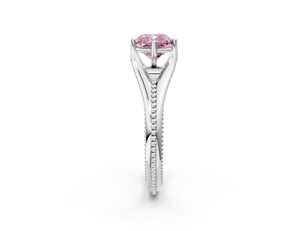 Platinum Fancy Pink Cushion  Solitaire Beaded Band Six-Prong Setting
