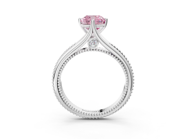 Platinum Fancy Pink Cushion  Solitaire Beaded Band Six-Prong Setting