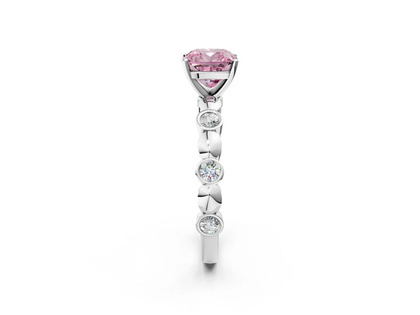 White gold Fancy Pink Cushion  Solitaire Bezel-Set Diamond Ring with Beaded Band and Four-Prong Setting