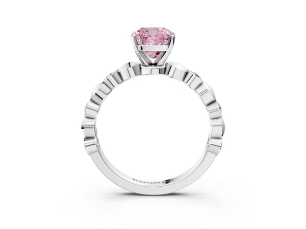 White gold Fancy Pink Cushion  Solitaire Bezel-Set Diamond Ring with Beaded Band and Four-Prong Setting