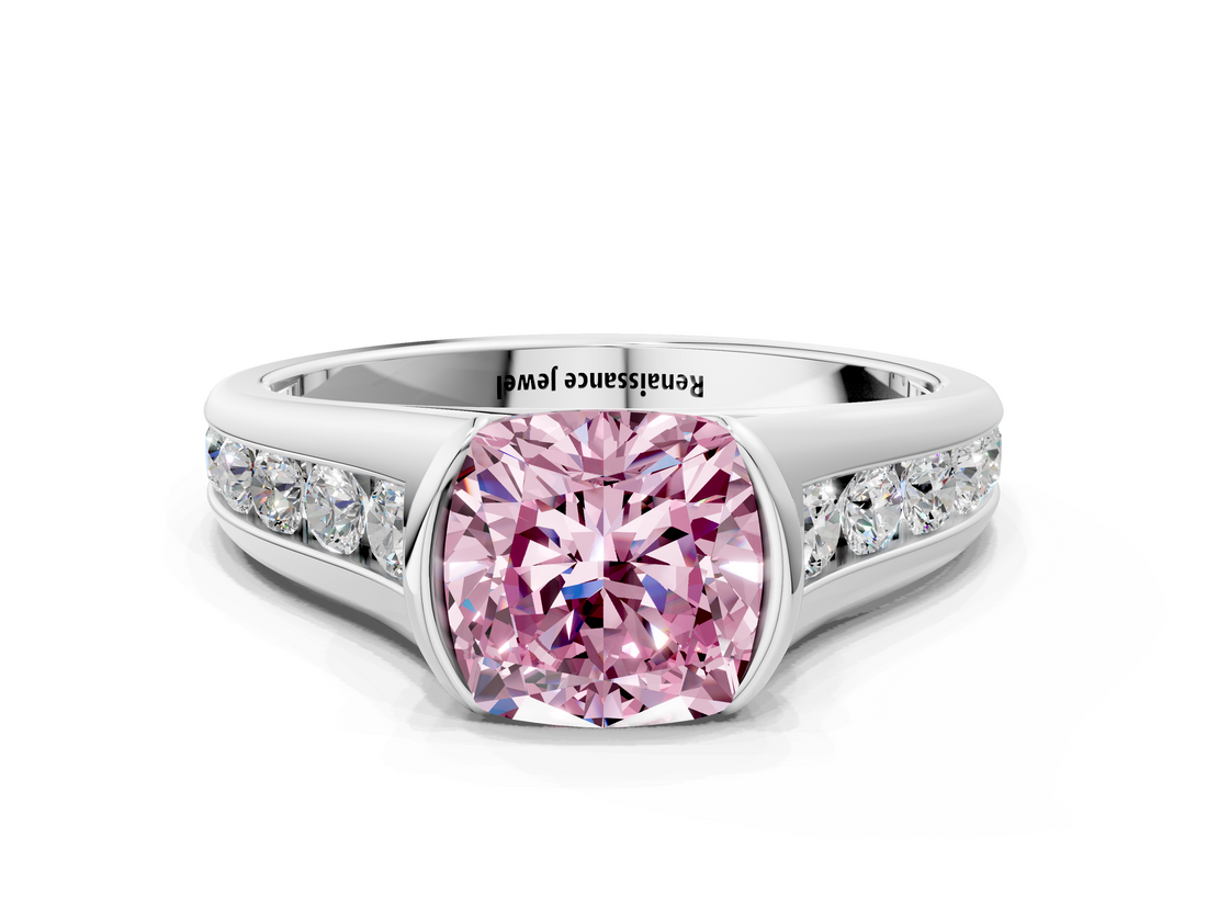 White gold Fancy Pink Cushion  Solitaire Bezel-Set Diamond Ring with Channel-Set Band_37