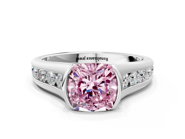 White gold Fancy Pink Cushion  Solitaire Bezel-Set Diamond Ring with Channel-Set Band