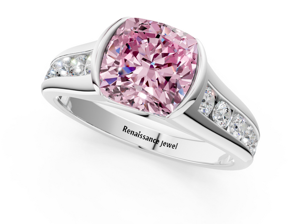 White gold Fancy Pink Cushion  Solitaire Bezel-Set Diamond Ring with Channel-Set Band