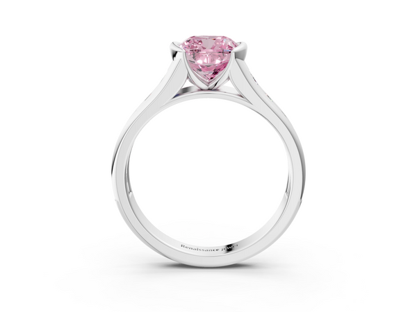 White gold Fancy Pink Cushion  Solitaire Bezel-Set Diamond Ring with Channel-Set Band
