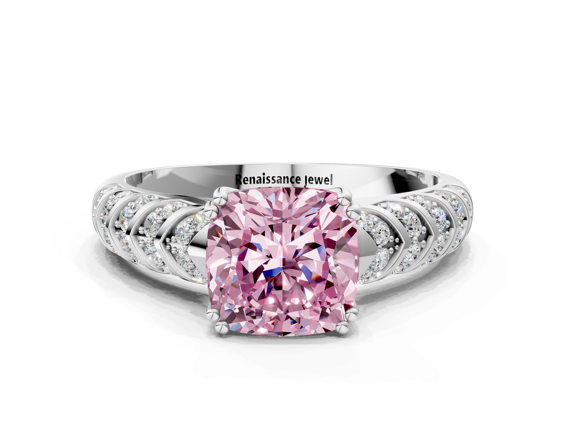 White gold Fancy Pink Cushion  Solitaire Chevron Pave Diamond Engagement Ring with Six-Prong Setting_3