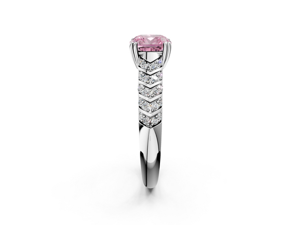 White gold Fancy Pink Cushion  Solitaire Chevron Pave Diamond Engagement Ring with Six-Prong Setting