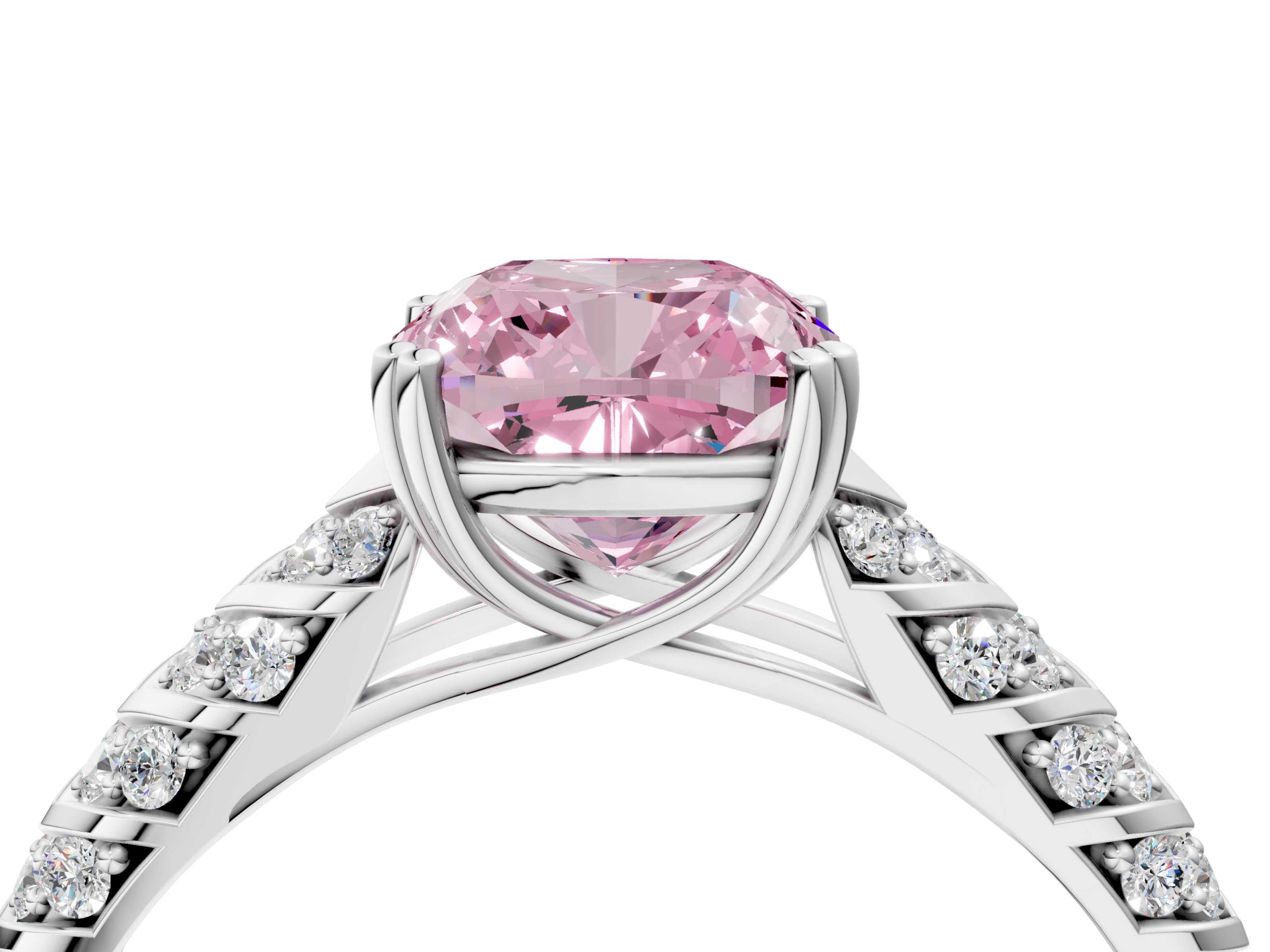 White gold Fancy Pink Cushion  Solitaire Chevron Pave Diamond Engagement Ring with Six-Prong Setting_7