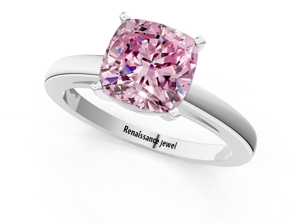 Platinum Fancy Pink Cushion  Solitaire Diamond Engagement Ring with Four-Prong Setting on a Classic Band