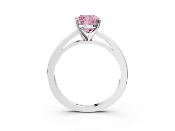 Platinum Fancy Pink Cushion  Solitaire Diamond Engagement Ring with Four-Prong Setting on a Classic Band