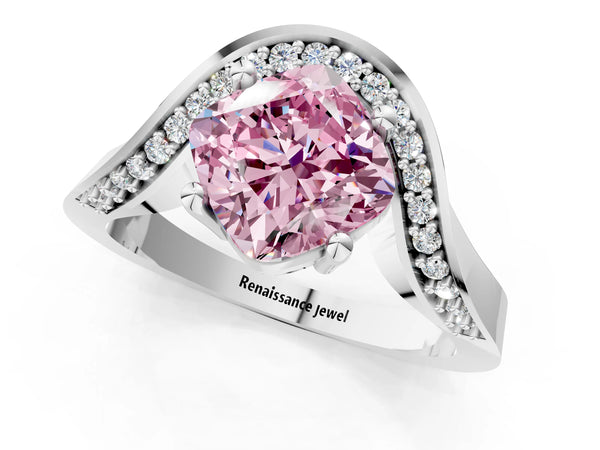 White gold Fancy Pink Cushion  Solitaire Diamond Engagement Ring with Pave Band and Four-Prong Setting