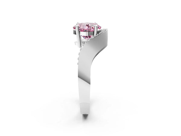 White gold Fancy Pink Cushion  Solitaire Diamond Engagement Ring with Pave Band and Four-Prong Setting