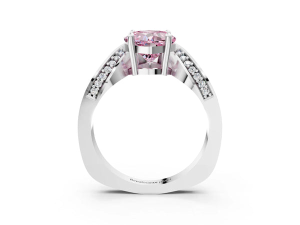 White gold Fancy Pink Cushion  Solitaire Diamond Engagement Ring with Pave Band and Four-Prong Setting