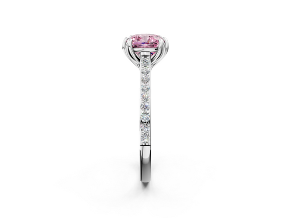 Platinum Fancy Pink Cushion  Solitaire Diamond Engagement Ring with Pave Band and Six-Prong Setting
