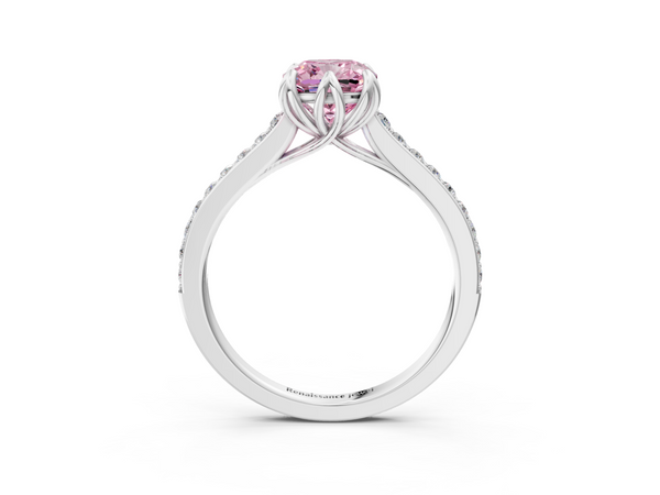 Platinum Fancy Pink Cushion  Solitaire Diamond Engagement Ring with Pave Band and Six-Prong Setting