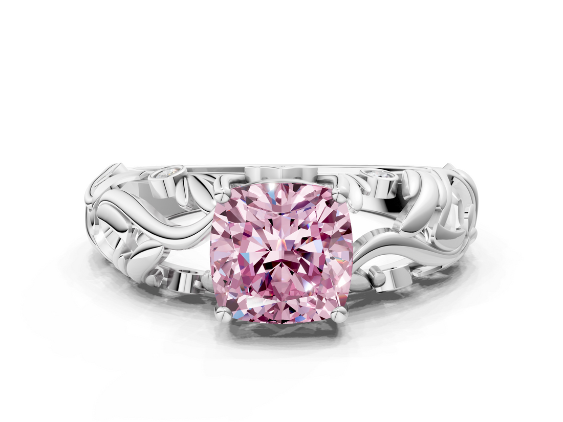 White gold Fancy Pink Cushion  Solitaire Diamond Leaf Vine Band with Prong Setting_28